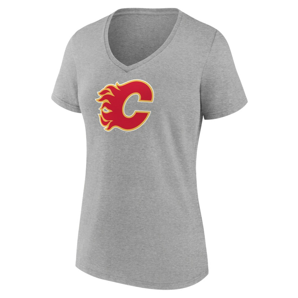 Calgary Flames Women's Primary Logo Team V-Neck T-Shirt Heather Gray