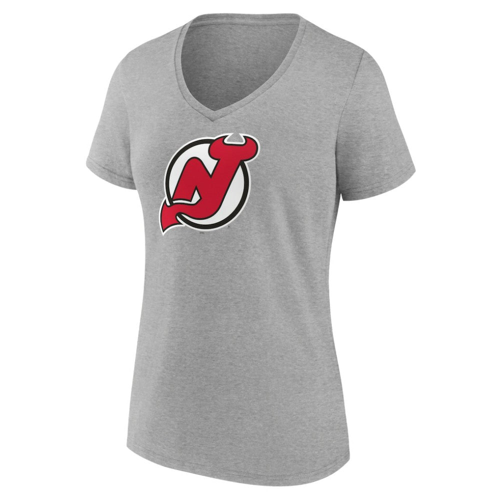 New Jersey Devils Women's Primary Logo Team V-Neck T-Shirt Heather Gray
