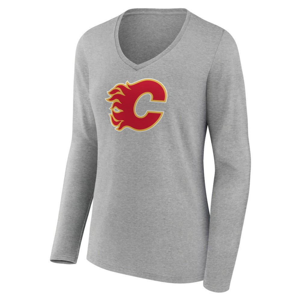 Calgary Flames Women's Primary Logo Team Long Sleeve V-Neck T-Shirt Heather Gray
