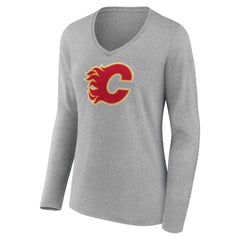 Calgary Flames Women's Primary Logo Team Long Sleeve V-Neck T-Shirt Heather Gray