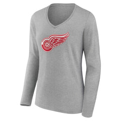 Detroit Red Wings Women's Primary Logo Team Long Sleeve V-Neck T-Shirt Heather Gray