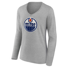 Edmonton Oilers Women's Primary Logo Team Long Sleeve V-Neck T-Shirt Heather Gray
