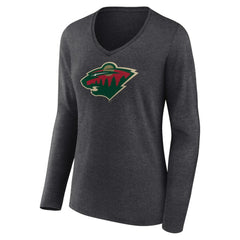 Minnesota Wild Women's Primary Team Logo Long Sleeve V-Neck T-Shirt Heather Charcoal