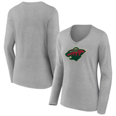 Minnesota Wild Women's Primary Logo Team Long Sleeve V-Neck T-Shirt Heather Gray