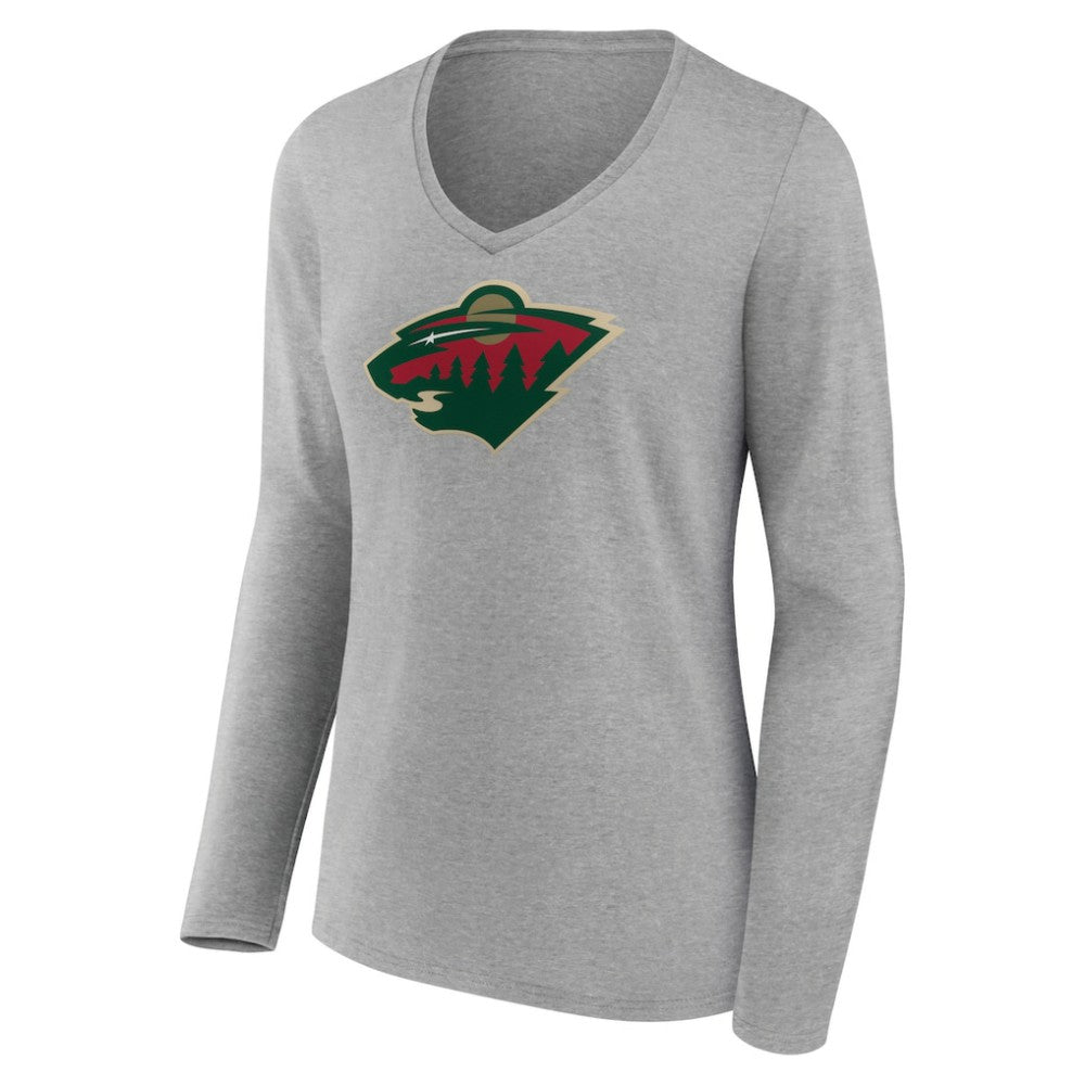Minnesota Wild Women's Primary Logo Team Long Sleeve V-Neck T-Shirt Heather Gray
