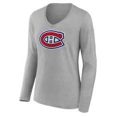 Montreal Canadiens Women's Primary Logo Team Long Sleeve V-Neck T-Shirt Heather Gray