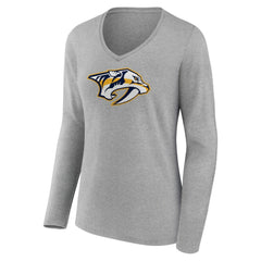 Nashville Predators Women's Primary Logo Team Long Sleeve V-Neck T-Shirt Heather Gray