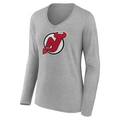 New Jersey Devils Women's Primary Logo Team Long Sleeve V-Neck T-Shirt Heather Gray