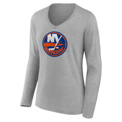 New York Islanders Women's Primary Logo Team Long Sleeve V-Neck T-Shirt Heather Gray