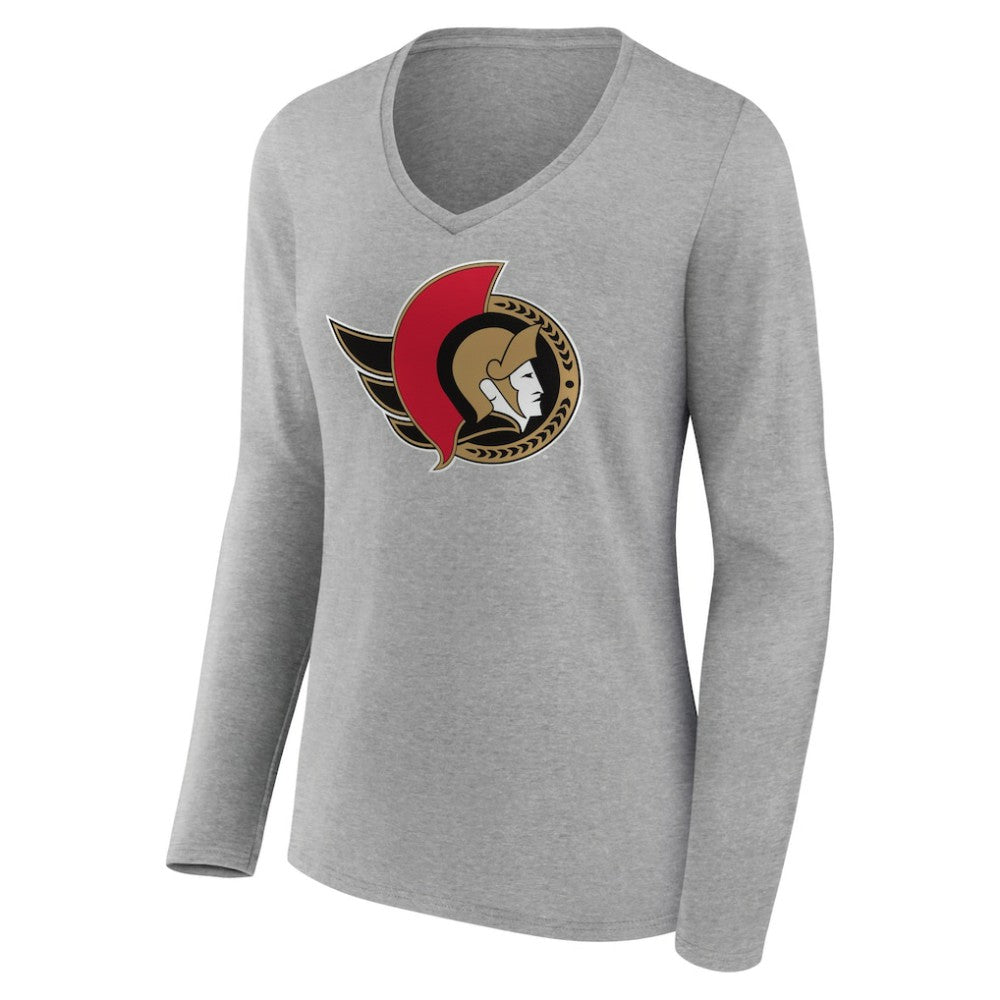 Ottawa Senators Women's Primary Logo Team Long Sleeve V-Neck T-Shirt Heather Gray