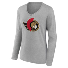 Ottawa Senators Women's Primary Logo Team Long Sleeve V-Neck T-Shirt Heather Gray