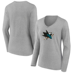 San Jose Sharks Women's Primary Logo Team Long Sleeve V-Neck T-Shirt Heather Gray