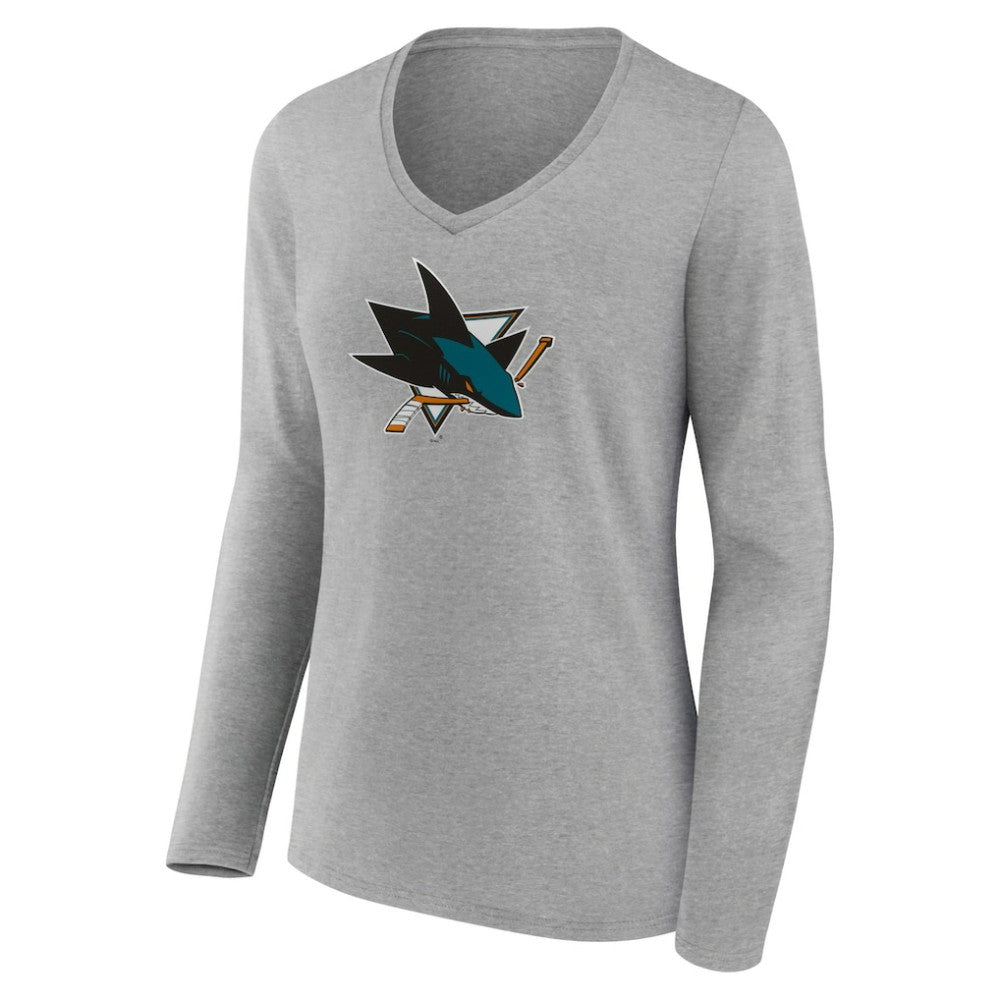 San Jose Sharks Women's Primary Logo Team Long Sleeve V-Neck T-Shirt Heather Gray