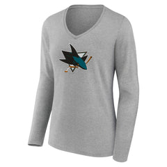 San Jose Sharks Women's Primary Logo Team Long Sleeve V-Neck T-Shirt Heather Gray