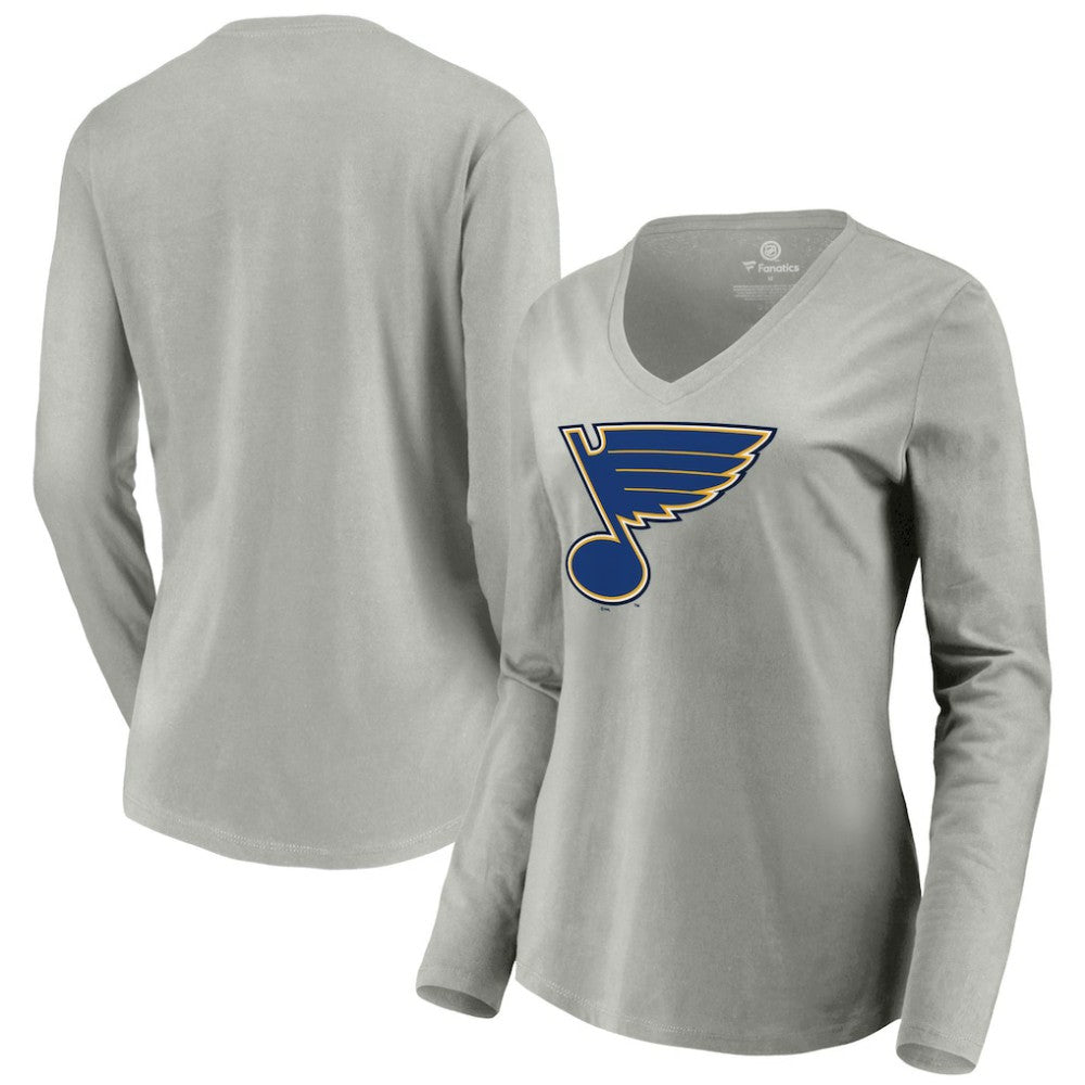St. Louis Blues Women's Primary Logo Team Long Sleeve V-Neck T-Shirt Heather Gray