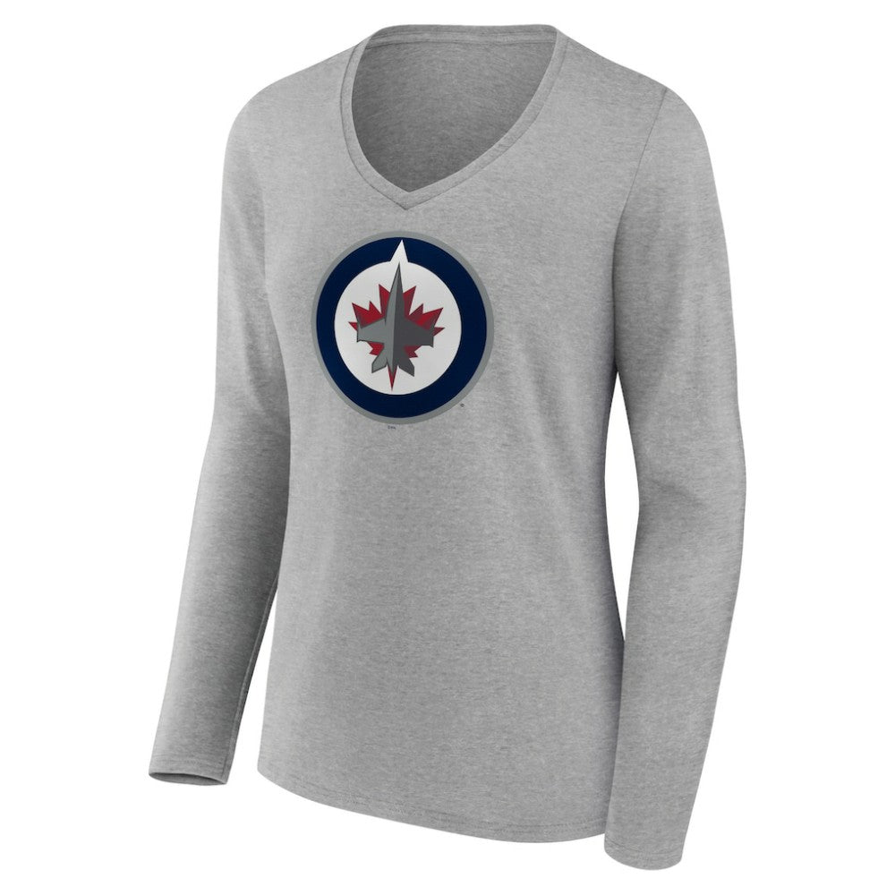 Winnipeg Jets Women's Primary Logo Team Long Sleeve V-Neck T-Shirt Heather Gray