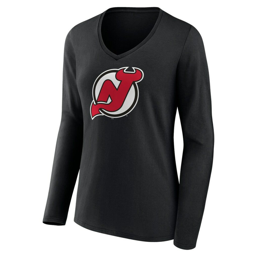 New Jersey Devils Women's Primary Team Logo Long Sleeve V-Neck T-Shirt Black