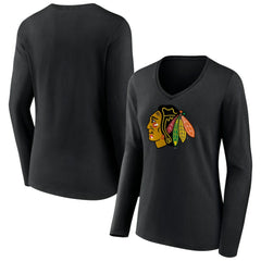 Chicago Blackhawks Women's Primary Team Logo Long Sleeve V-Neck T-Shirt Black