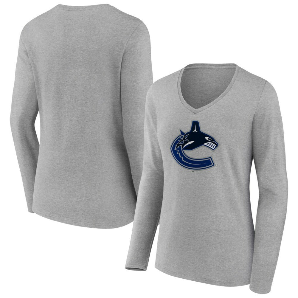 Vancouver Canucks Women's Primary Logo Team Long Sleeve V-Neck T-Shirt Heather Gray