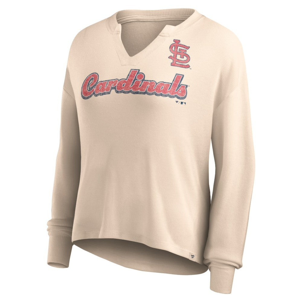 St. Louis Cardinals Women's Go For It Waffle Knit Long Sleeve Notch Neck T-Shirt Cream
