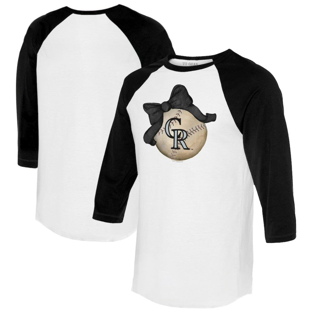Colorado Rockies Tiny Turnip Women's Baseball Bow 3/4-Sleeve Raglan T-Shirt White/Black