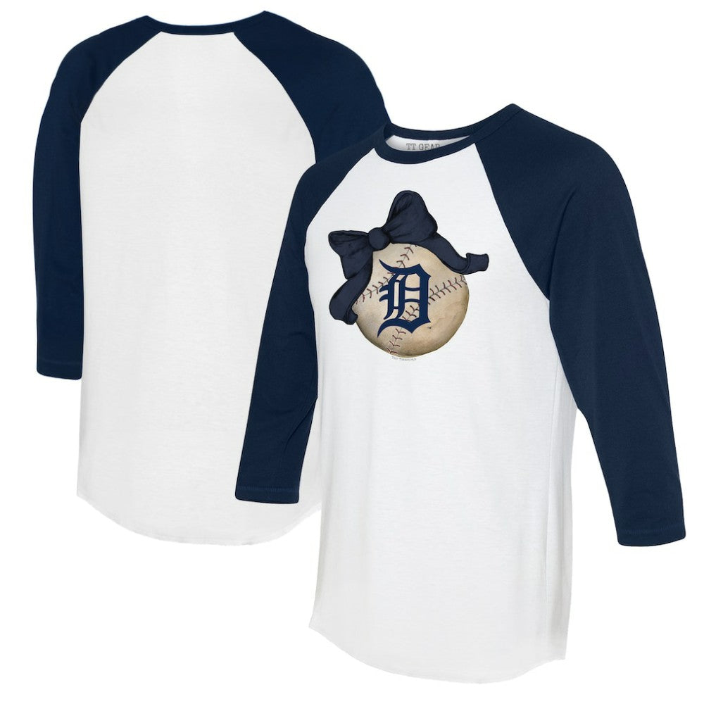 Detroit Tigers Tiny Turnip Women's Baseball Bow 3/4-Sleeve Raglan T-Shirt White/Navy