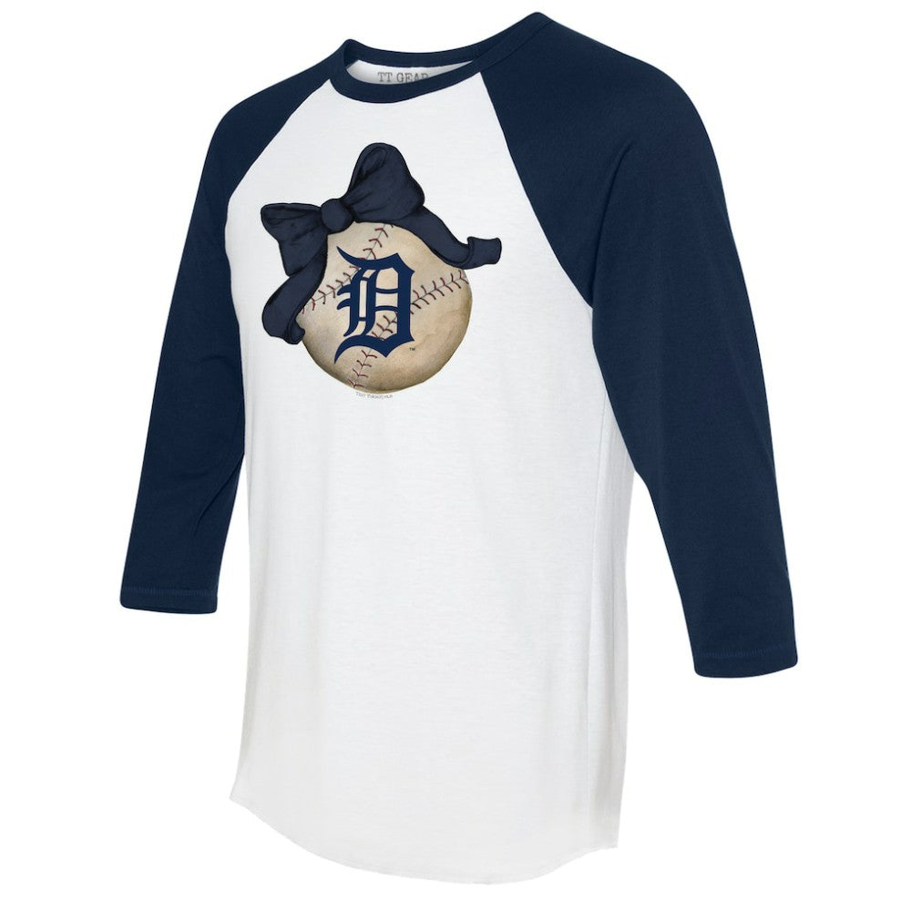Detroit Tigers Tiny Turnip Women's Baseball Bow 3/4-Sleeve Raglan T-Shirt White/Navy