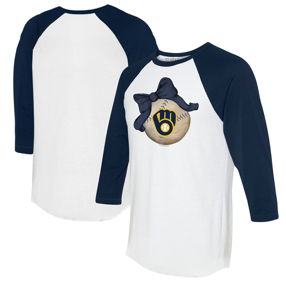Milwaukee Brewers Tiny Turnip Women's Baseball Bow 3/4-Sleeve Raglan T-Shirt White/Navy