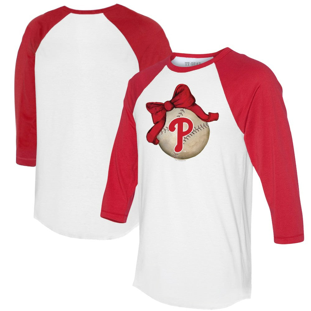 Philadelphia Phillies Tiny Turnip Women's Baseball Bow 3/4-Sleeve Raglan T-Shirt White/Red