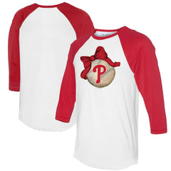 Philadelphia Phillies Tiny Turnip Women's Baseball Bow 3/4-Sleeve Raglan T-Shirt White/Red