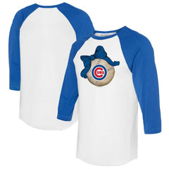 Chicago Cubs Tiny Turnip Women's Baseball Bow 3/4-Sleeve Raglan T-Shirt White/Royal