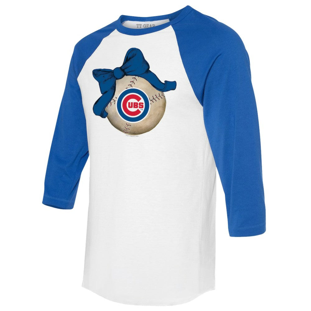 Chicago Cubs Tiny Turnip Women's Baseball Bow 3/4-Sleeve Raglan T-Shirt White/Royal