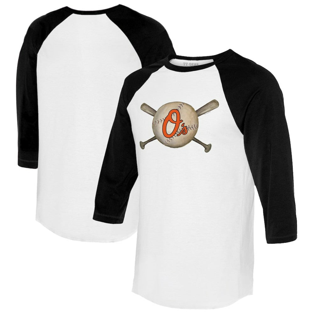 Baltimore Orioles Tiny Turnip Women's Baseball Cross Bats 3/4-Sleeve Raglan T-Shirt White/Black