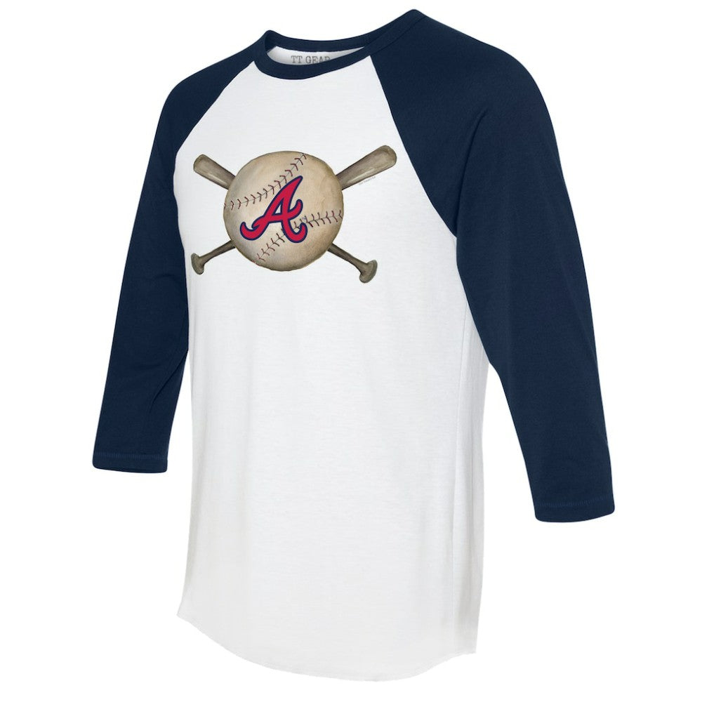 Atlanta Braves Tiny Turnip Women's Baseball Cross Bats 3/4-Sleeve Raglan T-Shirt White/Navy