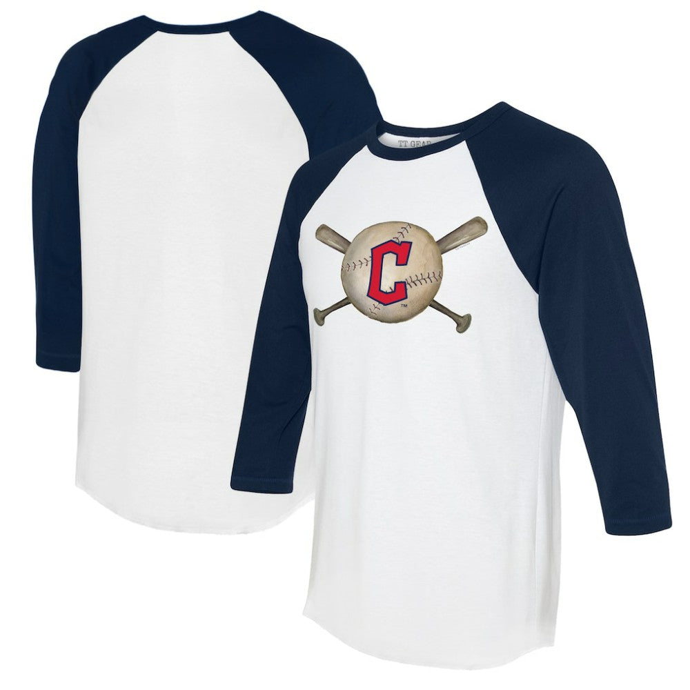 Cleveland Guardians Tiny Turnip Women's Baseball Cross Bats 3/4-Sleeve Raglan T-Shirt White/Navy