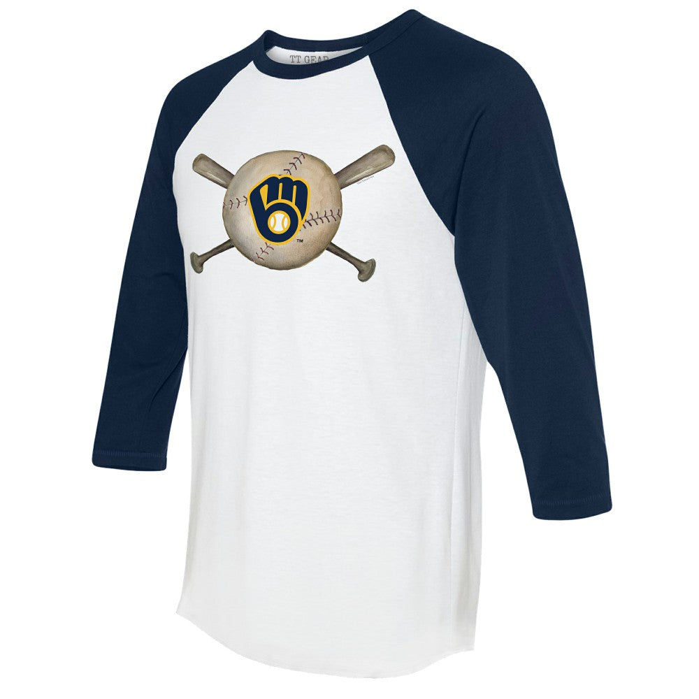 Milwaukee Brewers Tiny Turnip Women's Baseball Cross Bats 3/4-Sleeve Raglan T-Shirt White/Navy