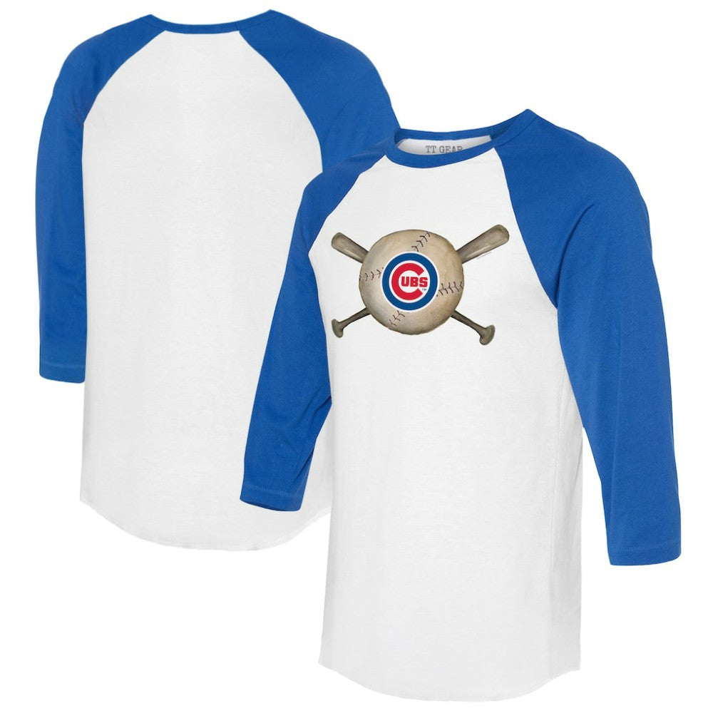 Chicago Cubs Tiny Turnip Women's Baseball Cross Bats 3/4-Sleeve Raglan T-Shirt White/Royal