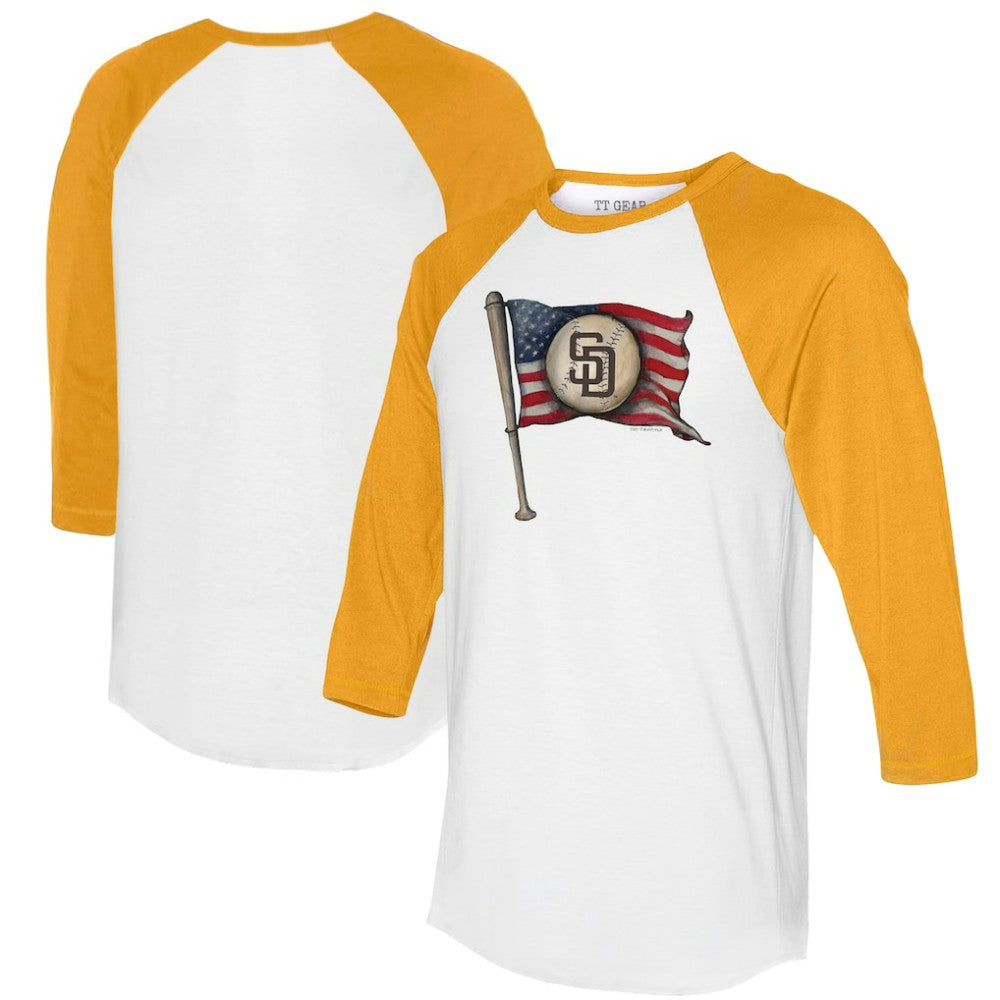 San Diego Padres Tiny Turnip Women's Baseball Flag 3/4-Sleeve Raglan T-Shirt White/Gold