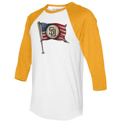San Diego Padres Tiny Turnip Women's Baseball Flag 3/4-Sleeve Raglan T-Shirt White/Gold