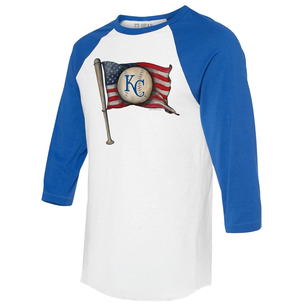 Kansas City Royals Tiny Turnip Women's Baseball Flag 3/4-Sleeve Raglan T-Shirt White/Royal