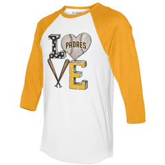 San Diego Padres Tiny Turnip Women's Baseball Love Raglan 3/4-Sleeve T-Shirt White/Gold