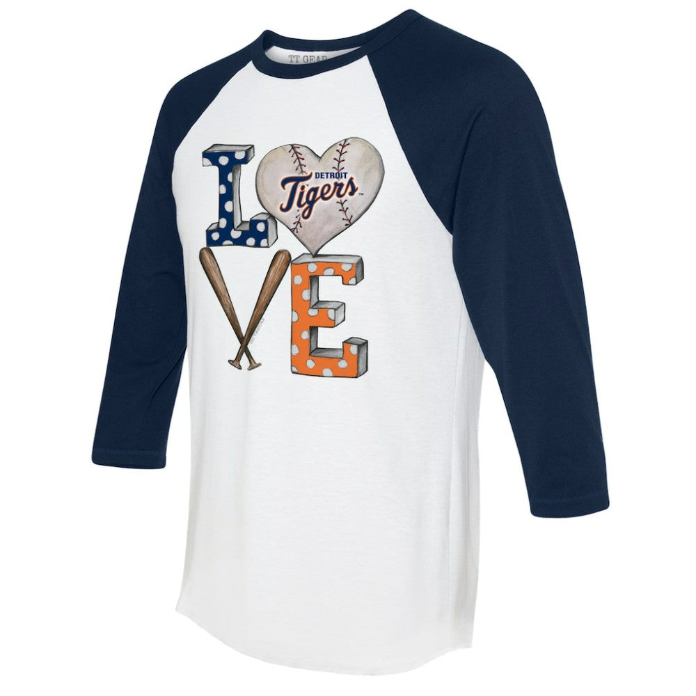 Detroit Tigers Tiny Turnip Women's Baseball Love Raglan 3/4-Sleeve T-Shirt White/Navy