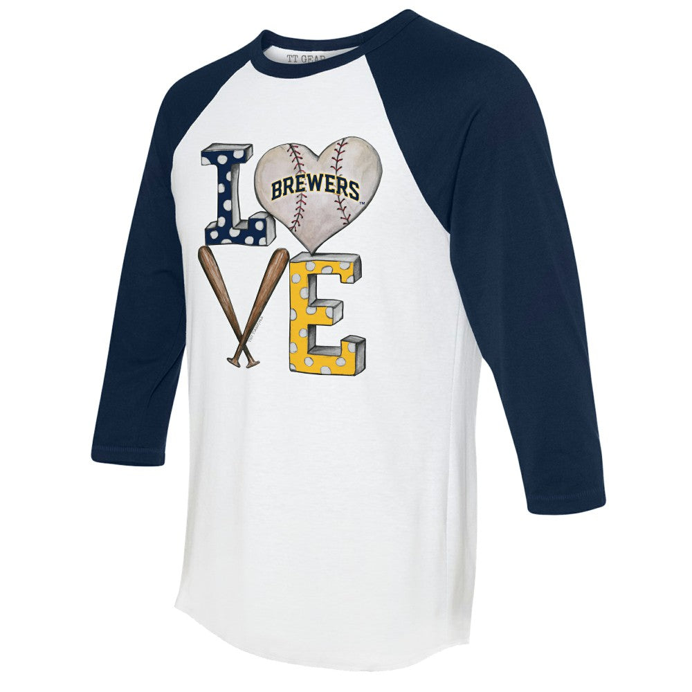 Milwaukee Brewers Tiny Turnip Women's Baseball Love Raglan 3/4-Sleeve T-Shirt White/Navy