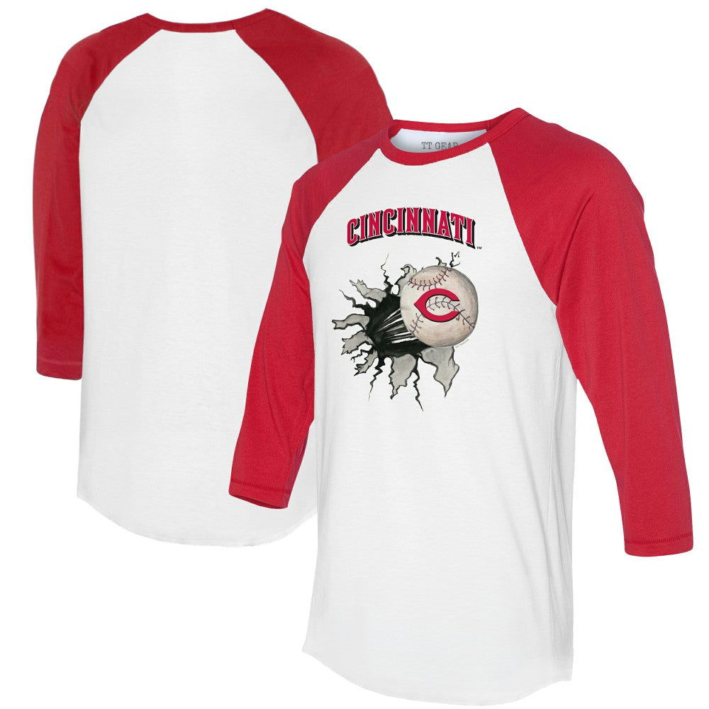 Cincinnati Reds Tiny Turnip Women's Baseball Tear 3/4-Sleeve Raglan T-Shirt White/Red