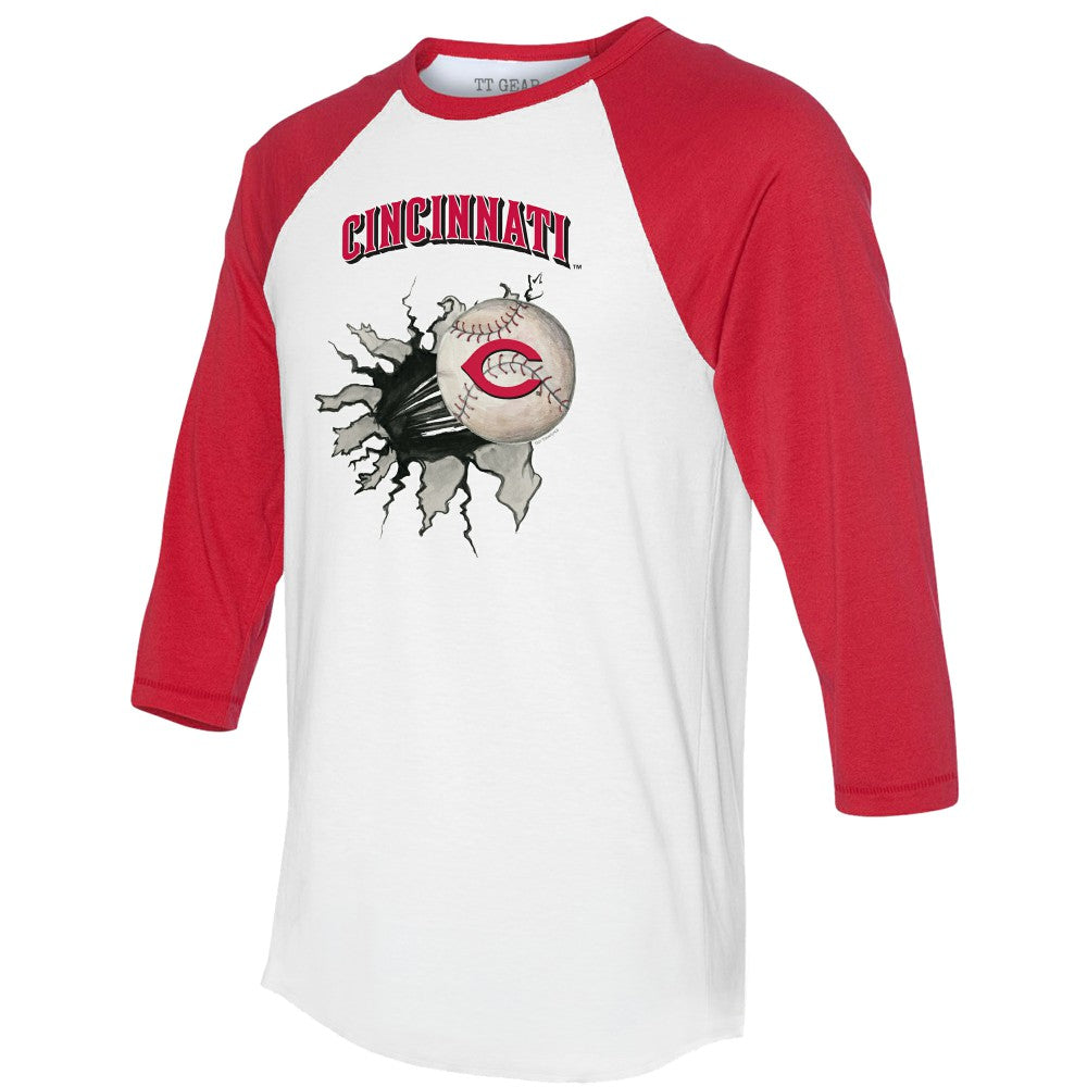 Cincinnati Reds Tiny Turnip Women's Baseball Tear 3/4-Sleeve Raglan T-Shirt White/Red