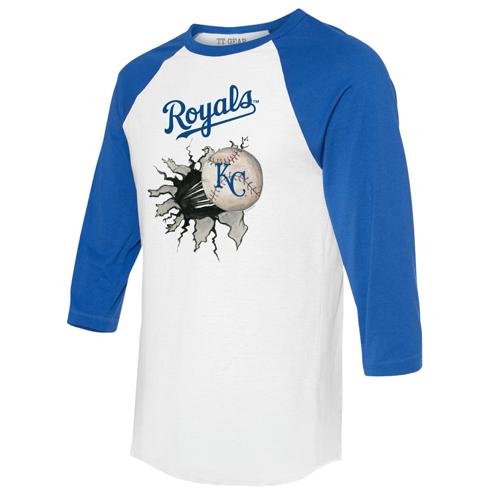 Kansas City Royals Tiny Turnip Women's Baseball Tear 3/4-Sleeve Raglan T-Shirt White/Royal