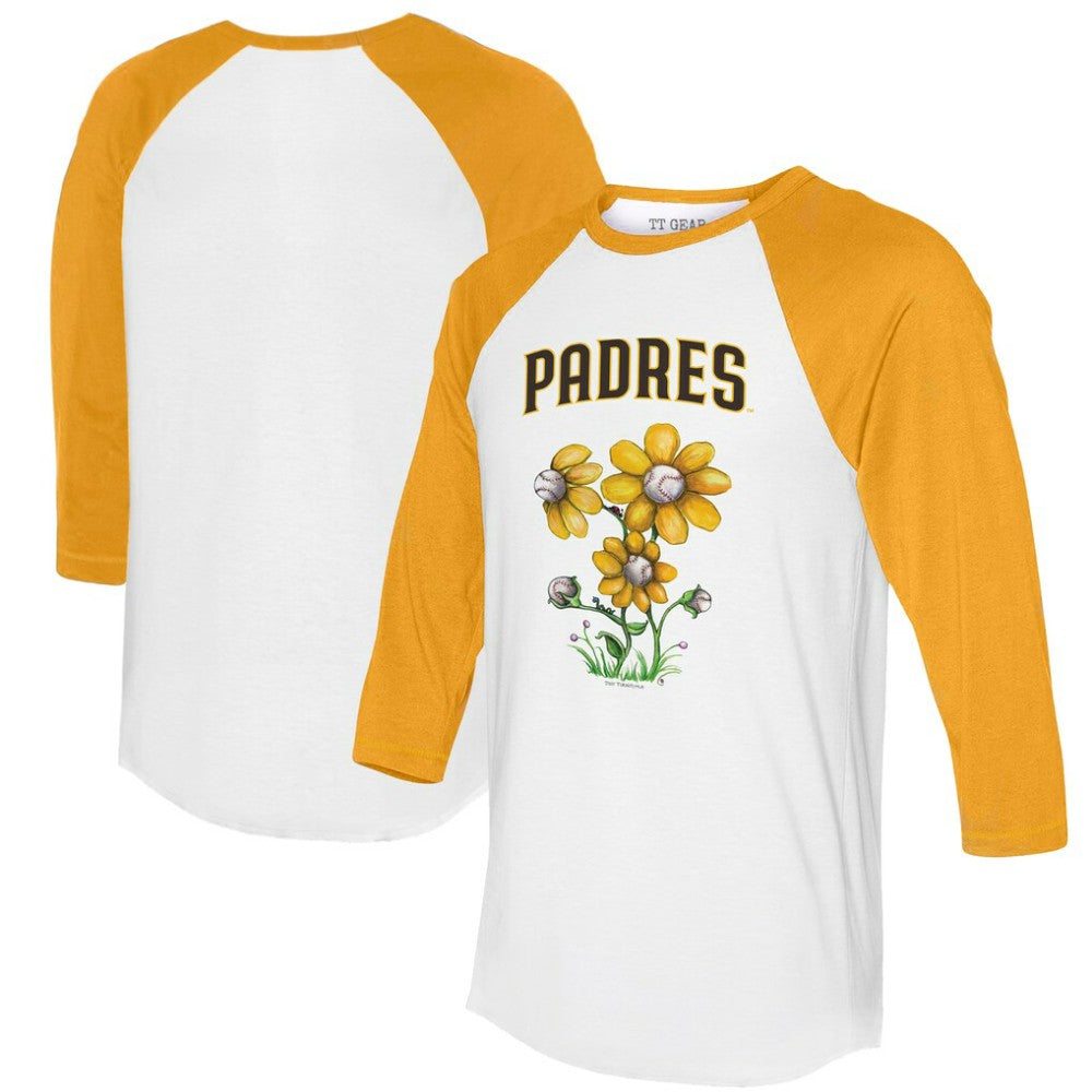 San Diego Padres Tiny Turnip Women's Blooming Baseballs 3/4-Sleeve Raglan T-Shirt White/Gold
