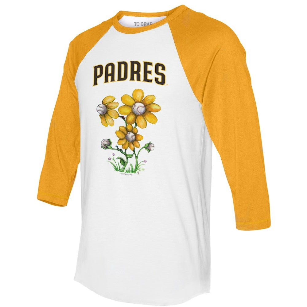 San Diego Padres Tiny Turnip Women's Blooming Baseballs 3/4-Sleeve Raglan T-Shirt White/Gold