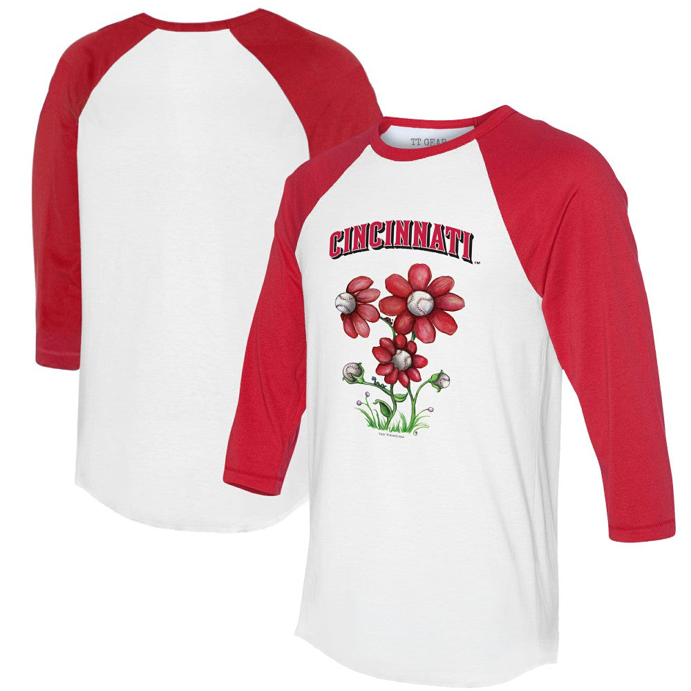 Cincinnati Reds Tiny Turnip Women's Blooming Baseballs 3/4-Sleeve Raglan T-Shirt White/Red
