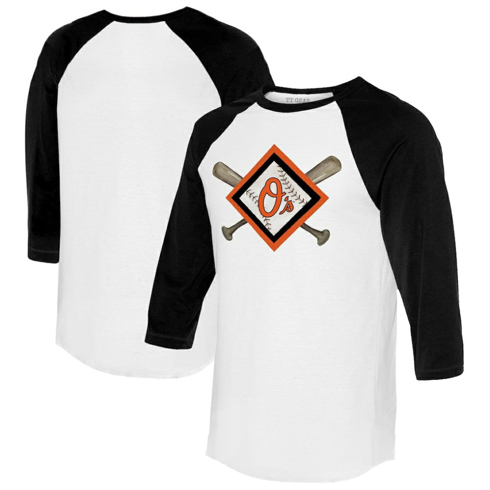 Baltimore Orioles Tiny Turnip Women's Diamond Cross Bats 3/4-Sleeve Raglan T-Shirt White/Black
